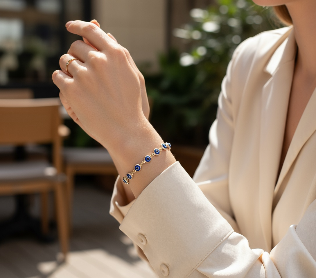 14K Yellow Gold Women's Evil Blue Eyes Bracelet / Size: 7.5" / Weight: 3.9 GR / BOWB4EY-2