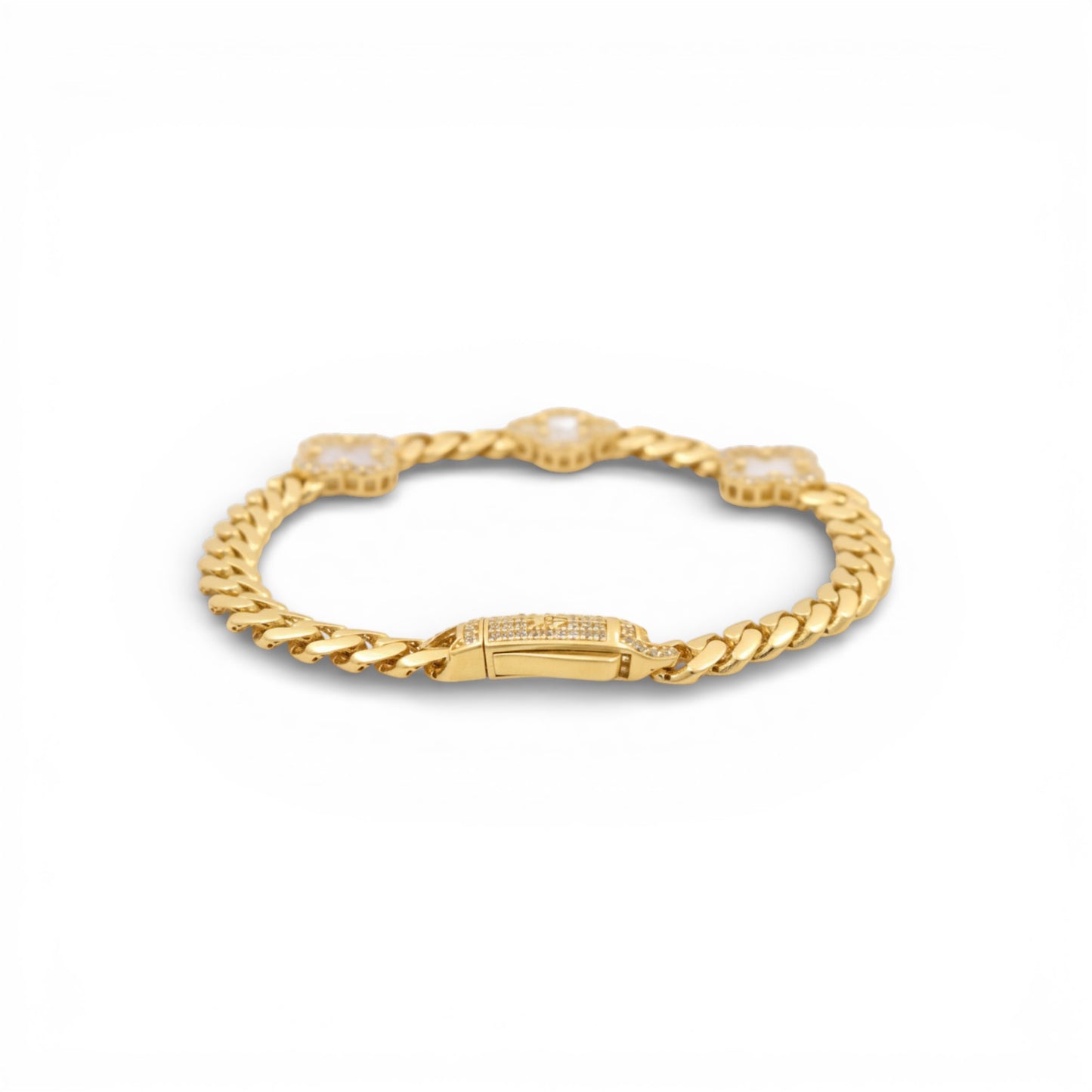 10K Yellow Gold Monaco Women's Bracelet with Three Mother of Pearl Clovers / Cz / Size: 7.5" / Weight: 10.6 GR / DOWB0MONCLV-1