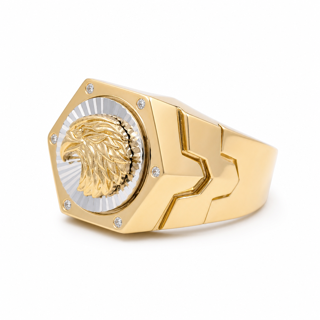 14K Yellow and White Gold Eagle Men's Ring / Stone: CZ / Size: 10 / Weight:10.5 GR / 711-00089