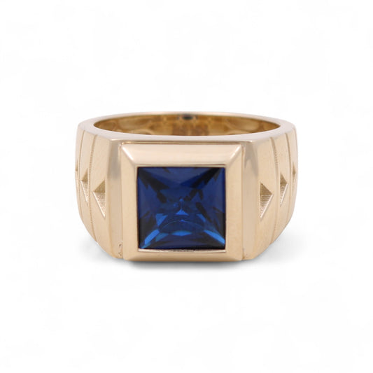 14K Yellow Gold SQ Fashion Men's Ring with Blue Cz / Size: 11.5 / Weight 8 GR / BOMR4FS-49