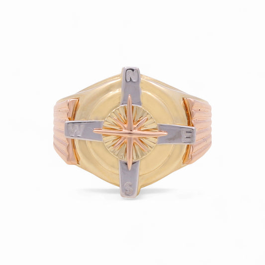14K Yellow, White and Rose Gold Compass Men's Ring / Size: 10 / Weight: 11.9 GR / KEEMR3T4CP