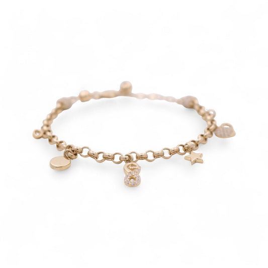 14k Yellow Gold Rolo Link Women's Bracelet with Charms and Cz / Size: 7.5" / Weight: 6.2 GR / CCFWB4FS-2