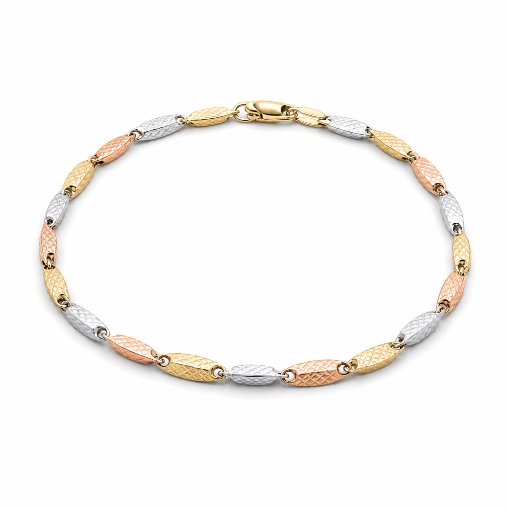 14K Yellow Gold White and Rose Women's Bracelet -Three Tone  / Size: 7.5" / Weight: 2.6 GR / 401-01768