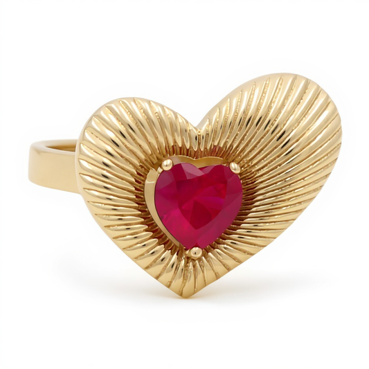 10K Yellow Gold Heart Women's Ring with Red Cz / Size: 7.5 / Weight: 2.6 GR / CQWR0HR