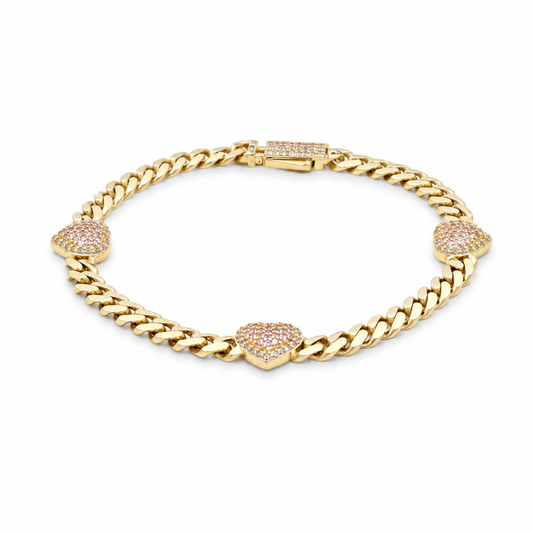 10K Yellow Gold Monaco Women's Bracelet with Three Pink Hearts / CZ / Size: 5mm 7.5" / Weight: 6.8 GR / DQWB0MONHR-3