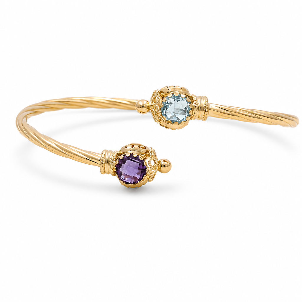 14K Yellow Gold Semisolid Twist Bangle Bracelet with Blue and Purple Cz / Weight:6.7gr / BKC851