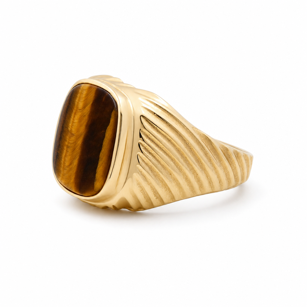 14k Yellow Gold SQ Fashion Men's Ring with Brown Stone / Size: 10 / Weight: 8.3 GR / BOMR4FS