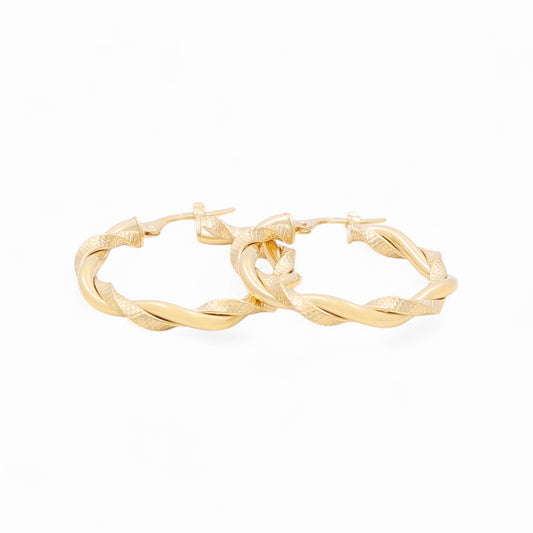14K Yellow Gold Women's Twist Hoops Earrings with Design / Size: 3.5mmx20mm / Weight: 2.4 GR / 665-00136