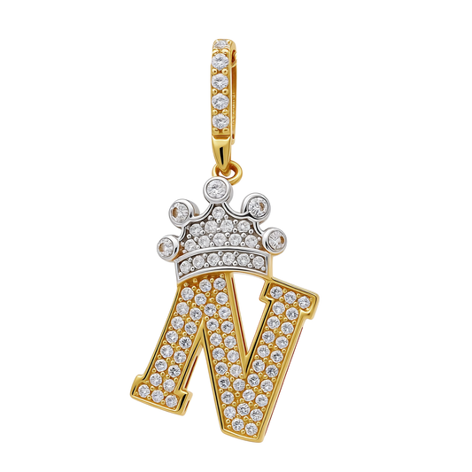 14K Yellow and White Gold Initial N Pendant With Crown / Weight: 2.1 GR / CCFPDTT4N