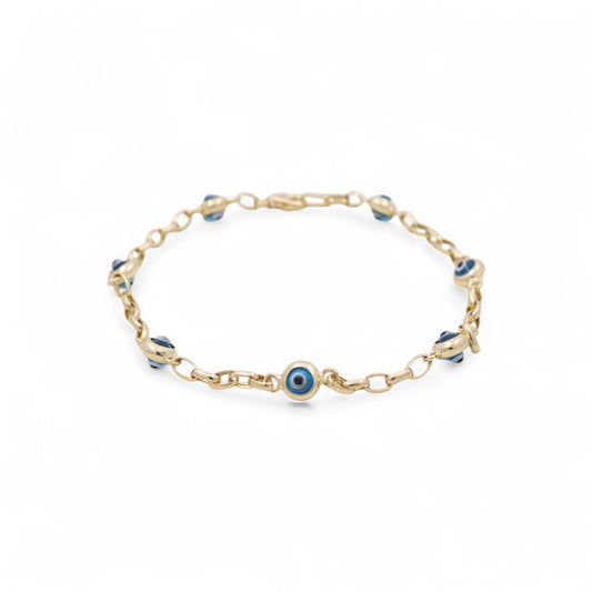 14K Yellow Gold Women's Evil Blue Eyes Bracelet / Size: 8" / Weight: 3.6 GR / BOWB4EY-4