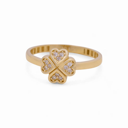 14K Yellow Gold Clover with Heart Women's Ring with White Cz / Size: 7 / Weight: 1.6 GR / Y24-239