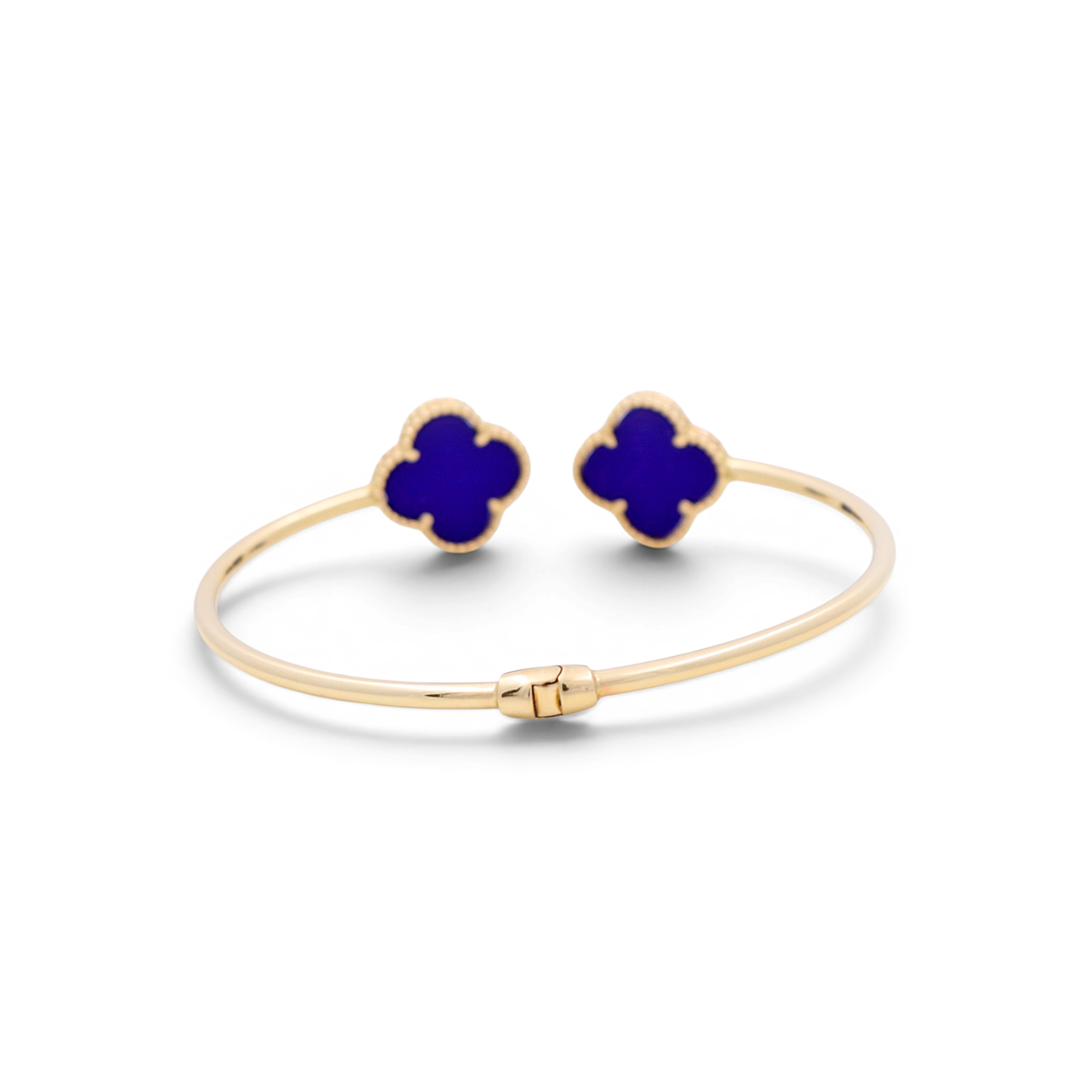 14K Yellow Gold Semisolid Royal Blue Two Clover Bangle / Weight: 7.1 GR / COBB4CLV-1
