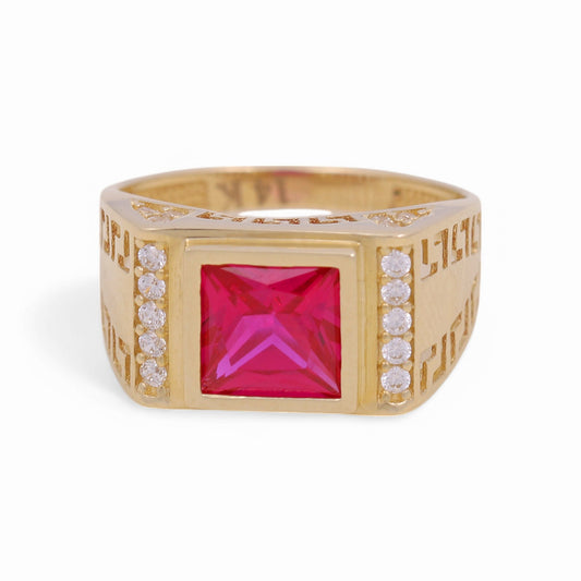 14k Yellow Gold Square Kid's Ring with Red Cz / Size 5 / Weight 3 GR / COKR4FS