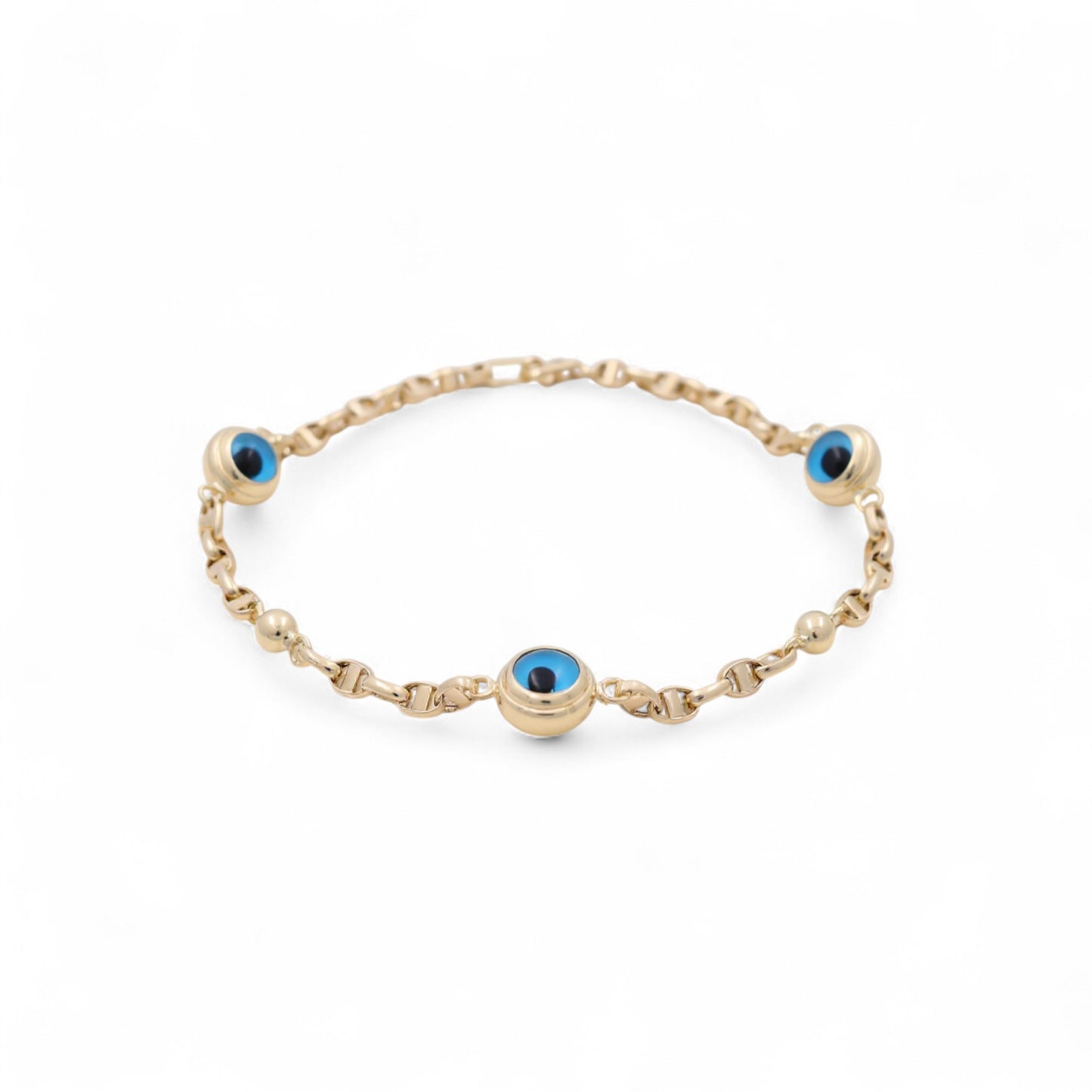 14K Yellow Gold Women's Evil Blue Eyes Mariner Bracelet / Size: 8" / Weight: 5.2 GR / BOWB4EY-6