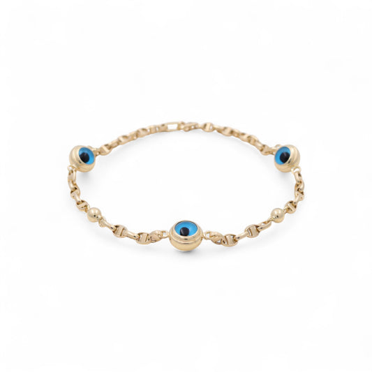 14K Yellow Gold Women's Evil Blue Eyes Mariner Bracelet / Size: 8" / Weight: 5.2 GR / BOWB4EY-6