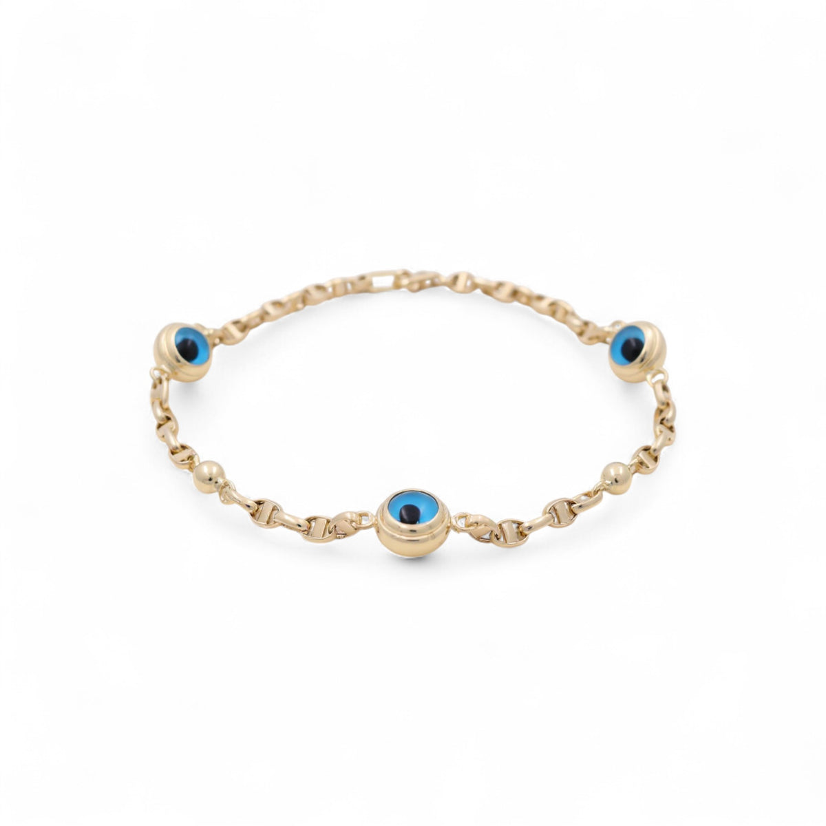 14K Yellow Gold Women's Evil Blue Eyes Mariner Bracelet / Size: 8" / Weight: 5.3 GR / BOWB4EY-6