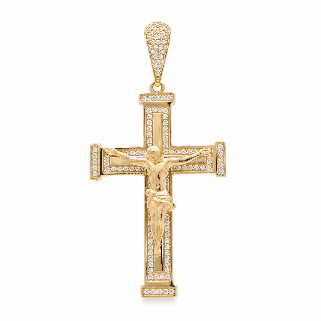 14K Yellow Gold Cross Pendant with Christ and Cz Stones / Size: 2.20"x11.12" / Weight: 7.5 GR / 400-01156