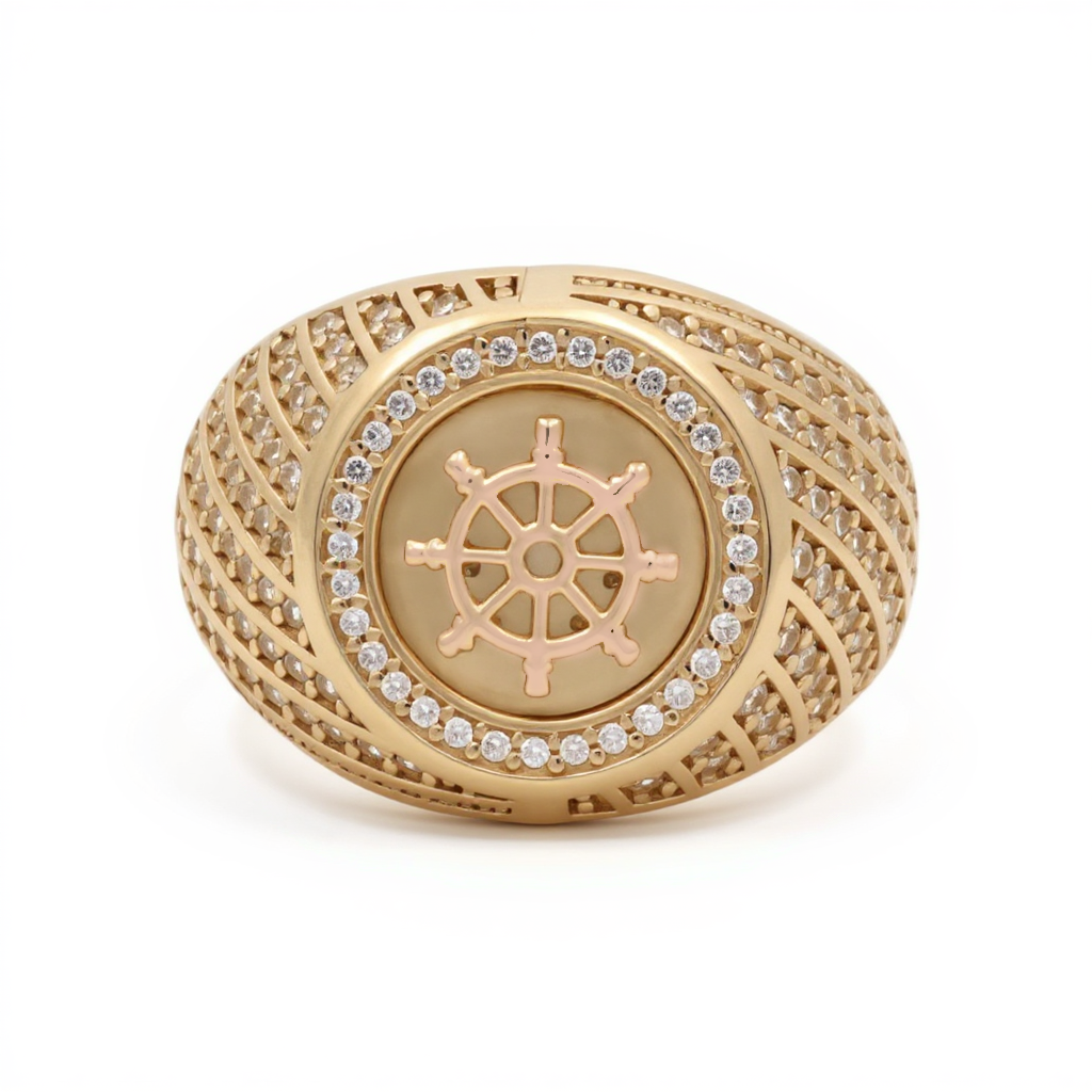 14K Yellow and Rose Gold Ship Rudder Men's Ring with Cz / Size 12 / Weight 8.3 GR / DOMRTT4FS-1
