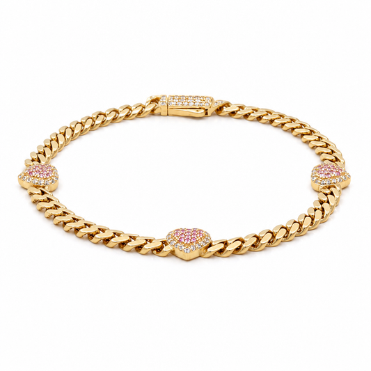 10K TF Yellow Gold Women's Pink Heart Bracelet With Cz / Size: 7.5" / Weight: 5.1 GR / DQWB0HR-8