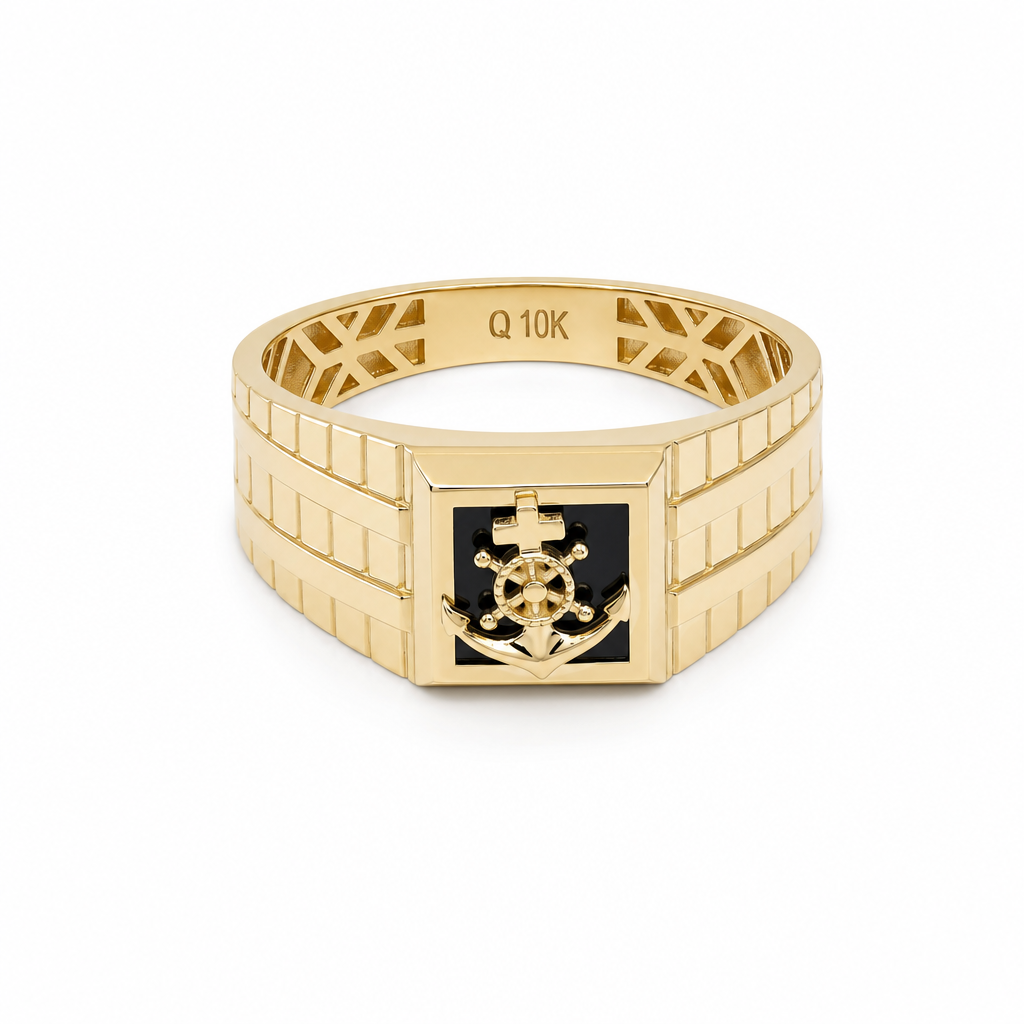 10K Yellow Gold Men's Anchor Ring with Onix Stone / Size: 11.5 / Weight: 4.3 GR / CQMR0AN-10