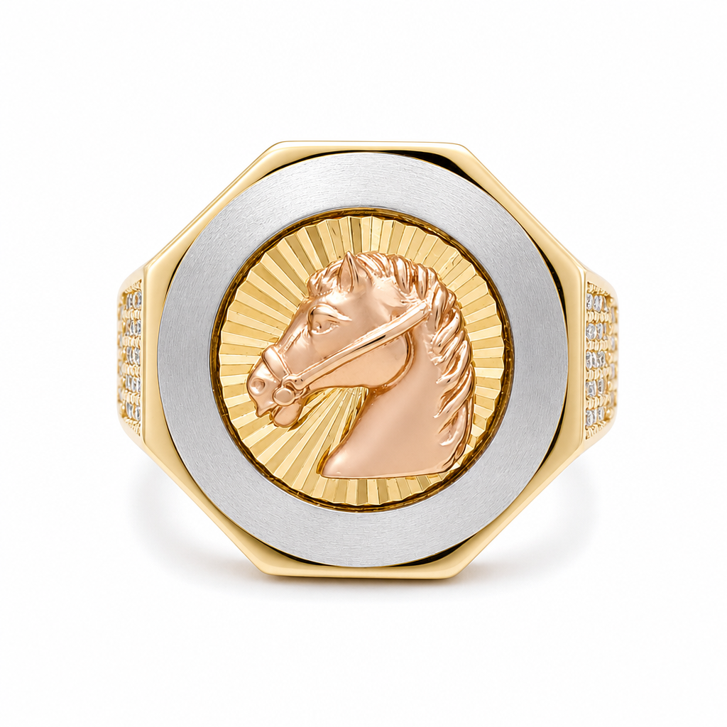 14K Yellow, White and Rose Horse Men's Ring with Cz / Size: 9.5 / Weight: 9.1 GR / COMR4RED3THRCZ