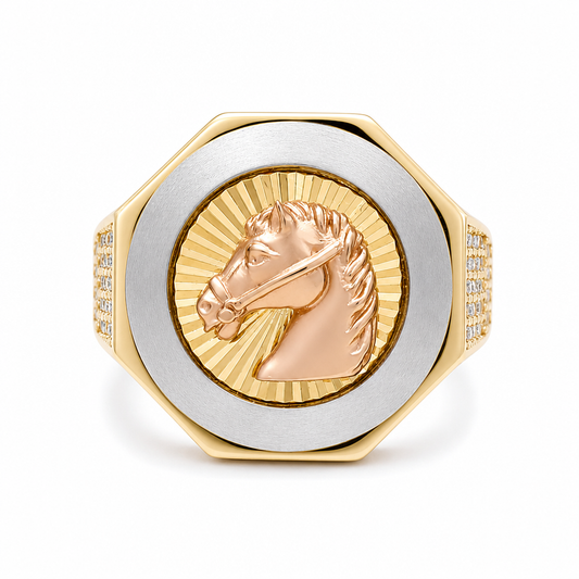 14K Yellow, White and Rose Horse Men's Ring with Cz / Size: 9.5 / Weight: 9.1 GR / COMR4RED3THRCZ