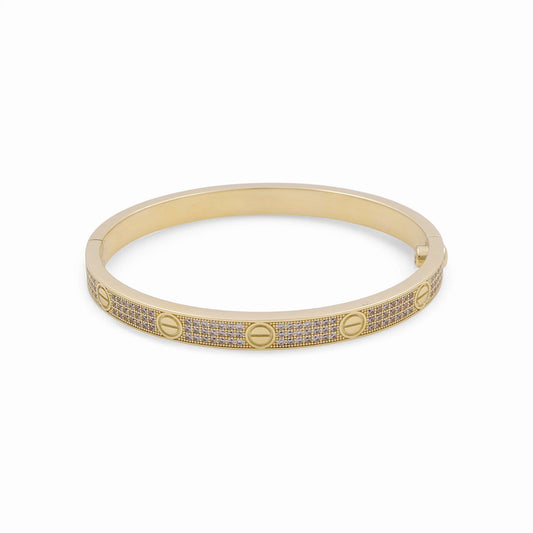 10K Yellow Gold Semisolid Fashion Bangle Bracelet CC / CZ / Size: 7.25" / Weight: 18.7 GR / P61B-434