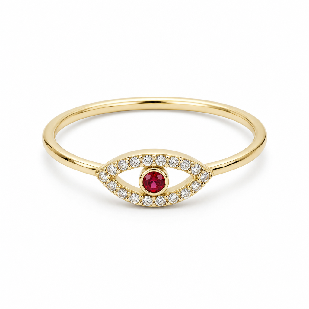 10K Yellow Gold Women's Eye Ring with Red Cz / Size: 9 / Weight: 1.4 GR / DQWR0EYE