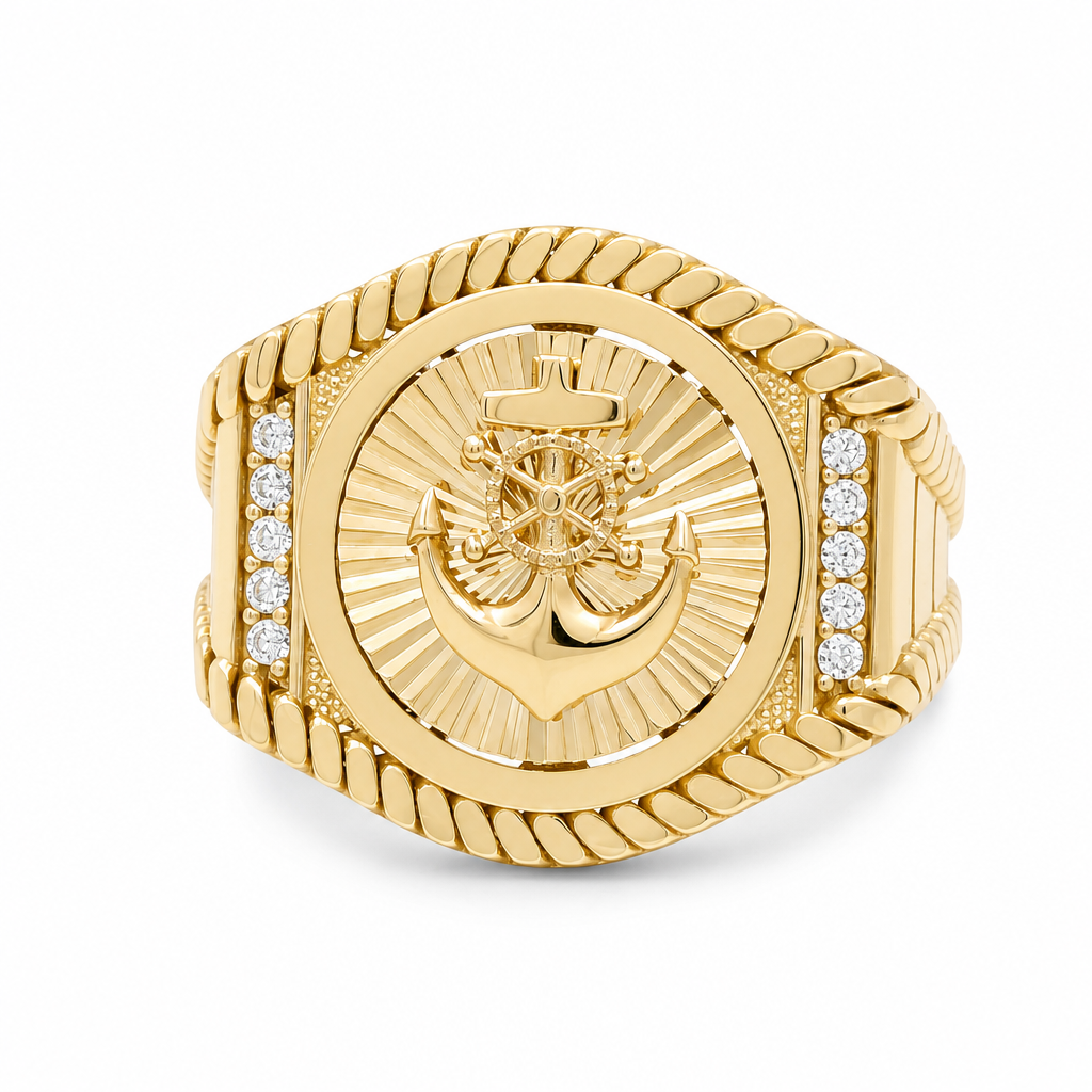 10K  Yellow Gold Anchor Men's Ring with Cz / Size: 11.5 / Weight: 7.6 GR / DQMR0AN