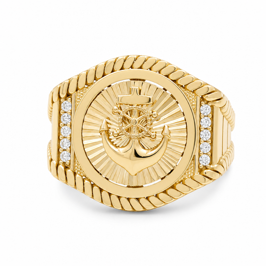 10K  Yellow Gold Anchor Men's Ring with Cz / Size: 11.5 / Weight: 7.6 GR / DQMR0AN