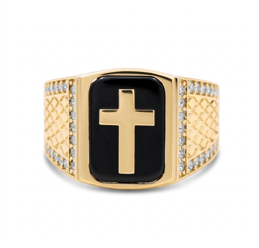10K Yellow Gold SQ Cross Men's Ring with Onyx and Cz / Size: 11 / Weight: 7.4 GR / CQMR0CS-8