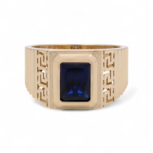 10K Yellow Gold SQ Men's Ring With Blue Cz and Greek / Size: 11 / Weight: 4.6 GR / DQMR0GR