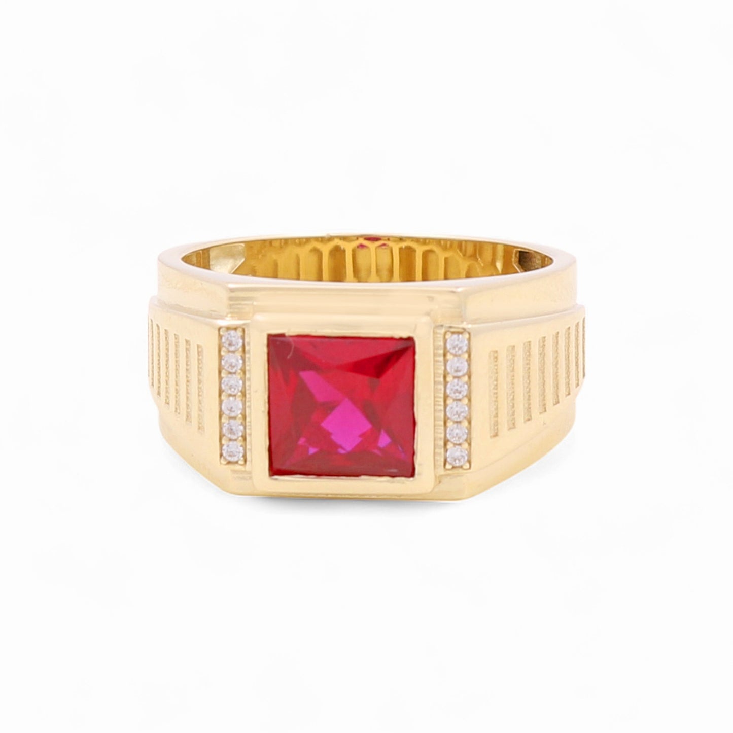 14K Yellow Gold Fashion Square Men's Ring with Red and White Cz / Size 11 / Weight: 8.7 GR / BOMR4FS-42