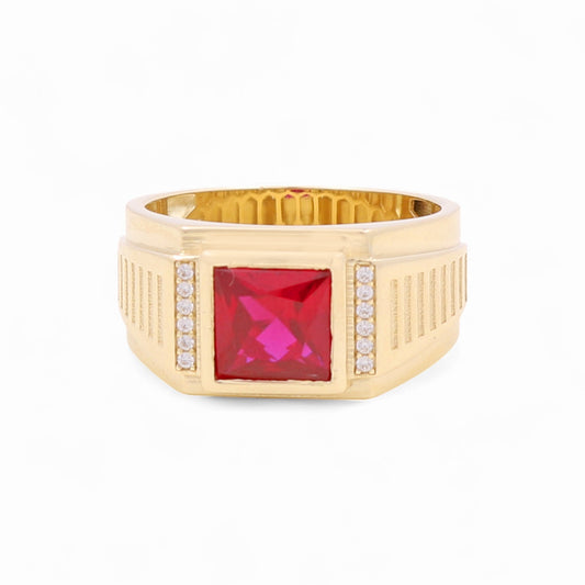 14K Yellow Gold Fashion Square Men's Ring with Red and White Cz / Size 11 / Weight: 8.7 GR / BOMR4FS-42