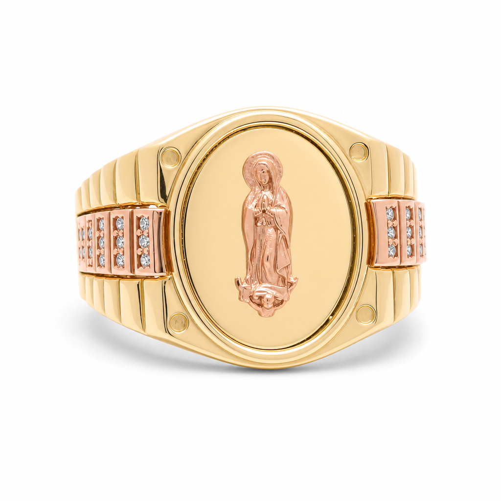 14K Yellow and Rose Virgen de Guadalupe Men's Ring with Cz /  Size: 10 / Weight 9.3 GR / COMR4OVTTVGCZ