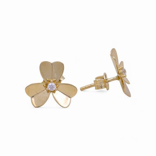 14K Yellow Gold Women's Fashion Two Flowers Stud Earrings / CZ / Weight: 1.4 GR / P55S-5