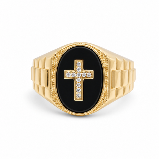 14K Yellow Gold Oval Men's Ring with Cross and Onyx / Stone: Cz / Size:11  / Weight: 6.3 GR / CQMR4CS-1