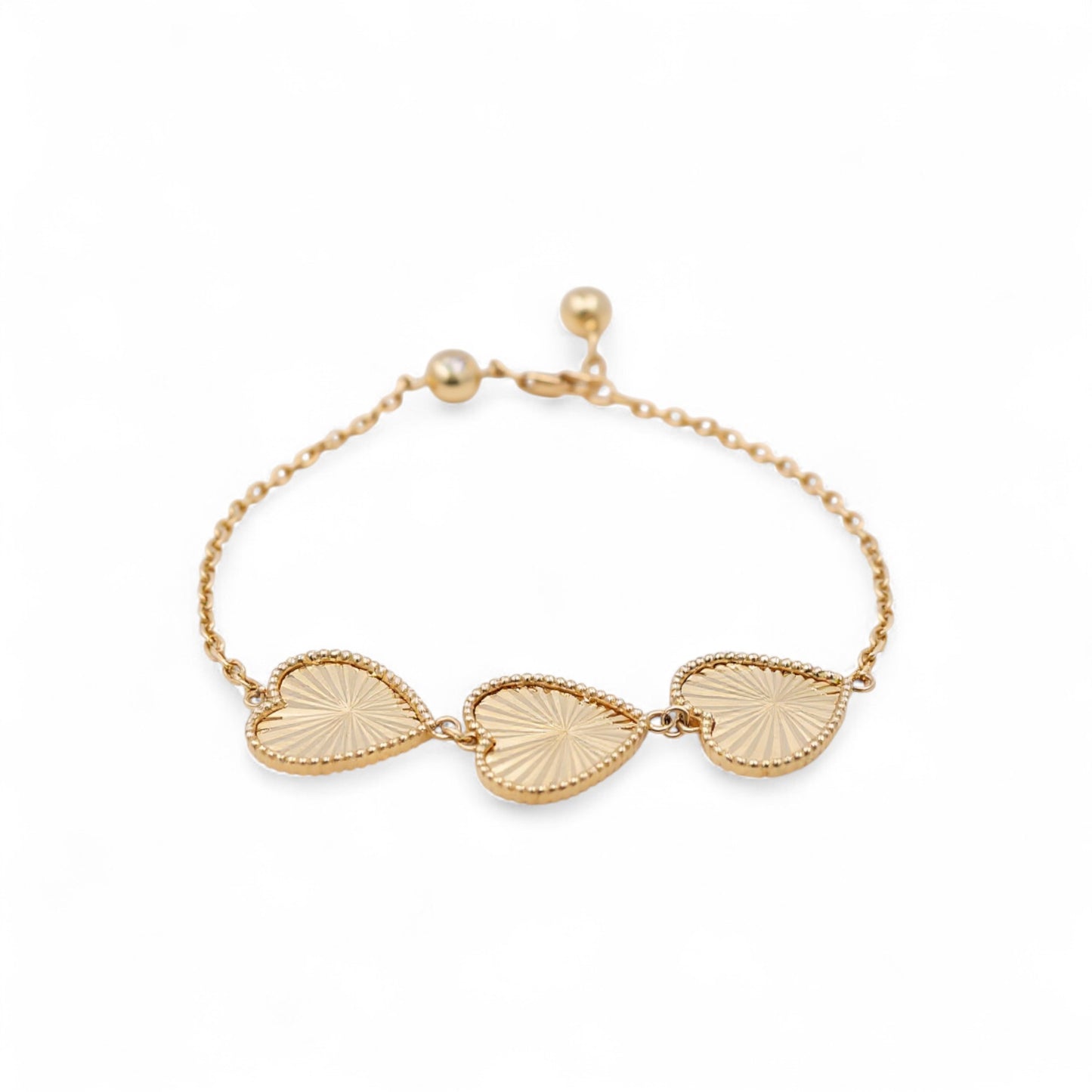 14K Yellow Gold Three Hearts Women's Bracelet with Diamond Cut Design / Size: 7.5" / Weight: 5.6 GR / COWB4HR-6