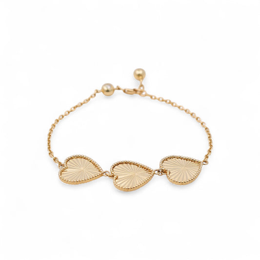 14K Yellow Gold Three Hearts Women's Bracelet with Diamond Cut Design / Size: 7.5" / Weight: 5.6 GR / COWB4HR-6