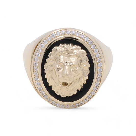 14K Yellow Gold Men’s Lion Head Ring / CZ / Black Enamel / Size 9 / Weight: 10.1 GR COMR4LN