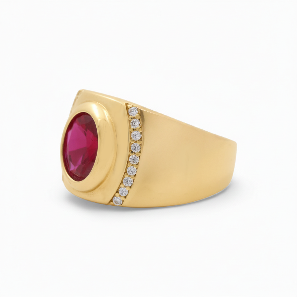 14K Yellow Gold Men’s Red Stone Ring / Stone: Cz / Size 12 / Weight: 9.2 GR / COMR4FS-56