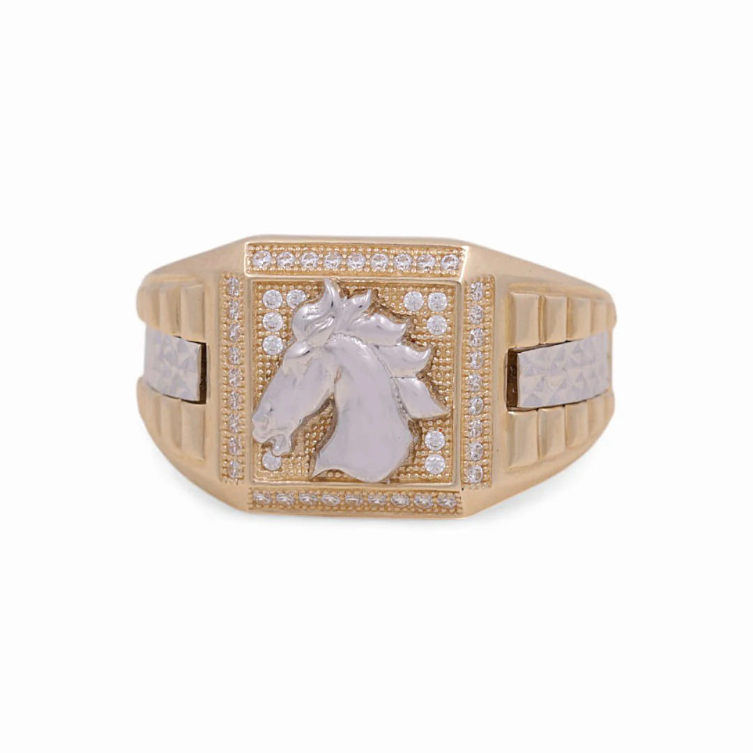 14k Two Tone Square Horse Men's Ring with Cz / Size: 10 / Weight 8.3 GR / COMR4SQTTHRCZ