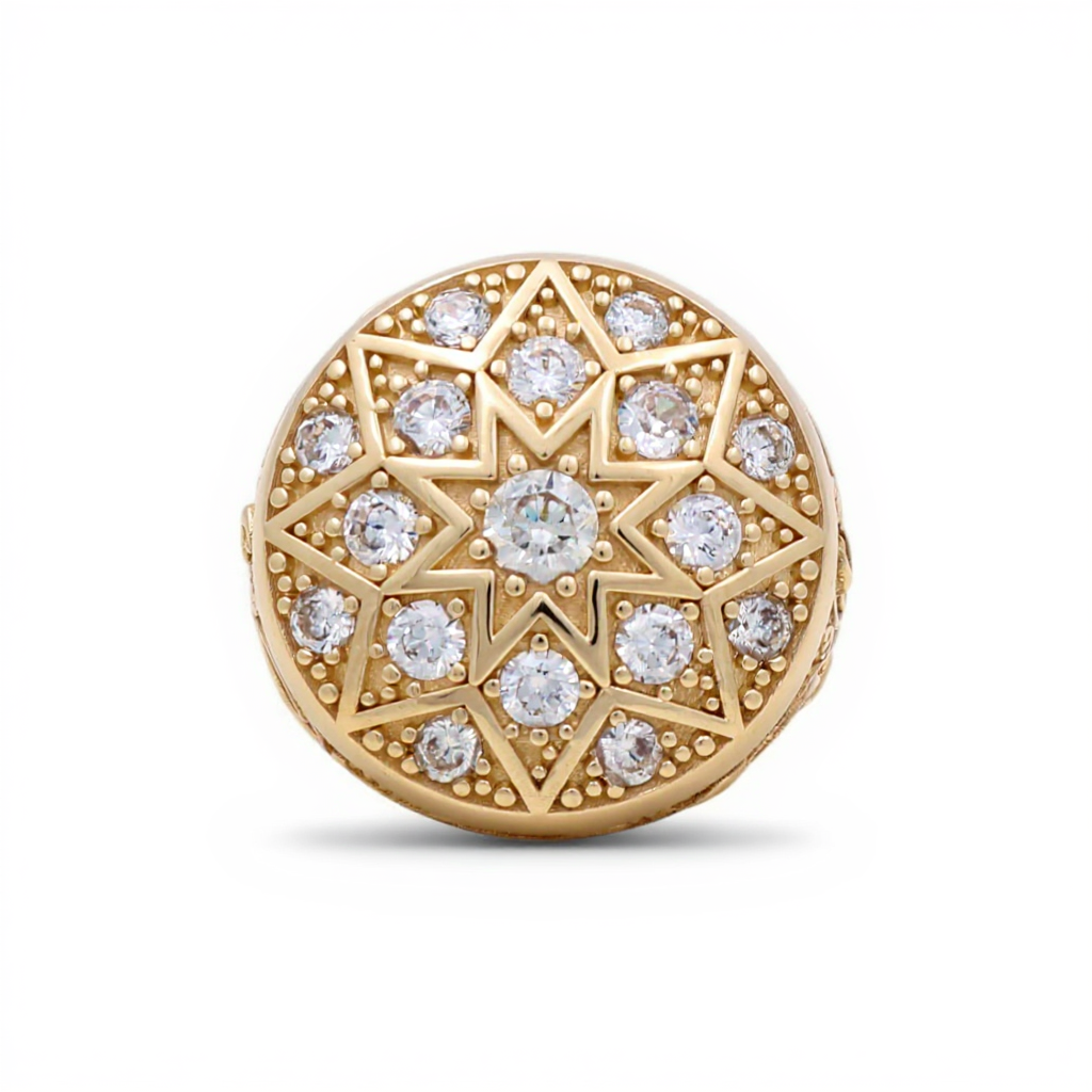 14K Yellow Gold Men’s Ring RD Rosetta Style with Star and White Stones / Size 10.5 / Weight: 16.5 GR / DOMR4FS-12