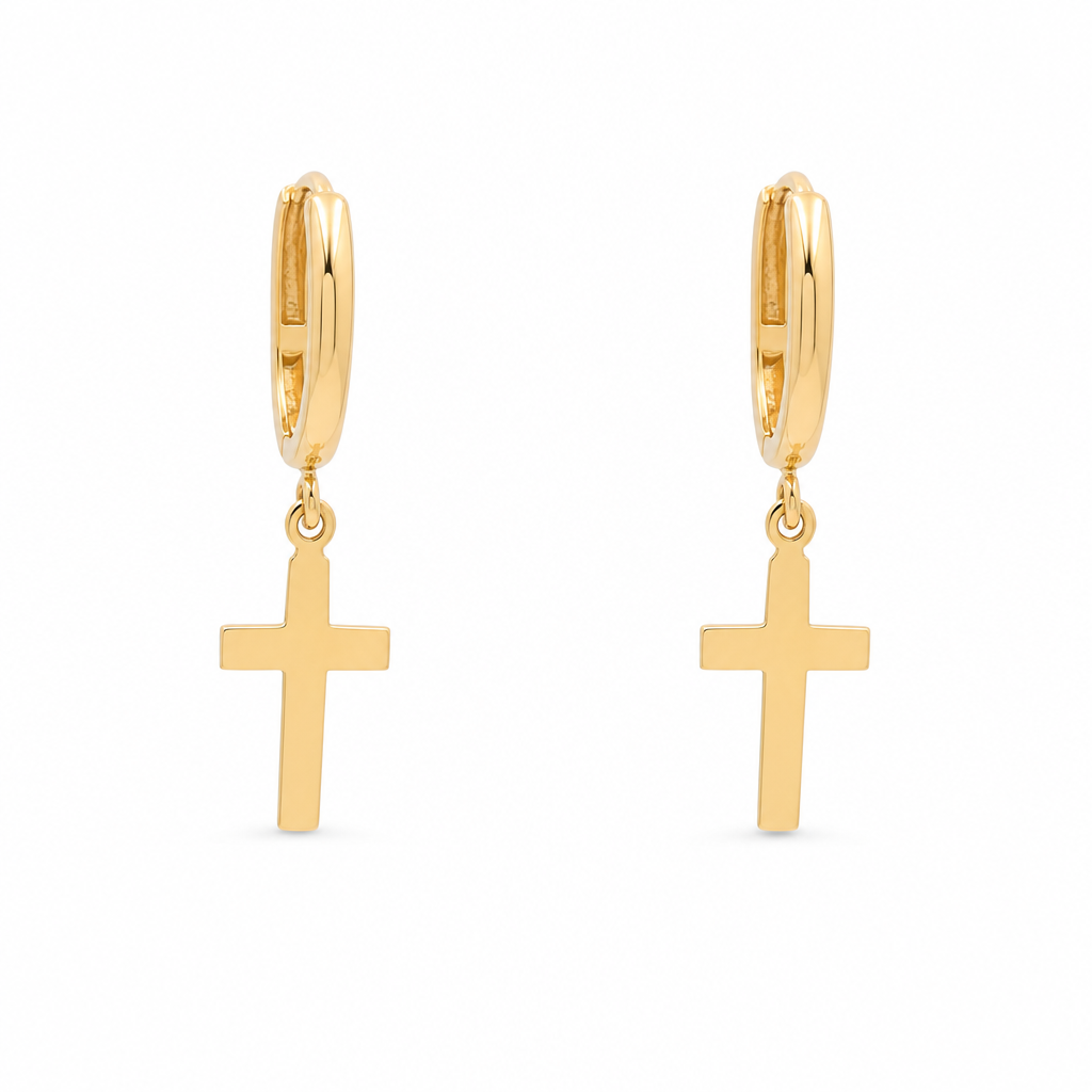 14K Yellow Gold Plain Hoops Earrings with Hanging Cross / 1403000