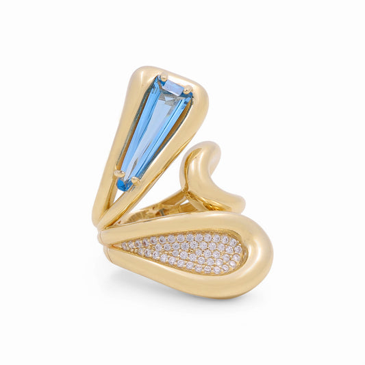 14K Yellow Gold Fashion Women's Ring with Light Blue and White Cz / Size: 8 / Weight: 8 GR / CPWR4FS-8