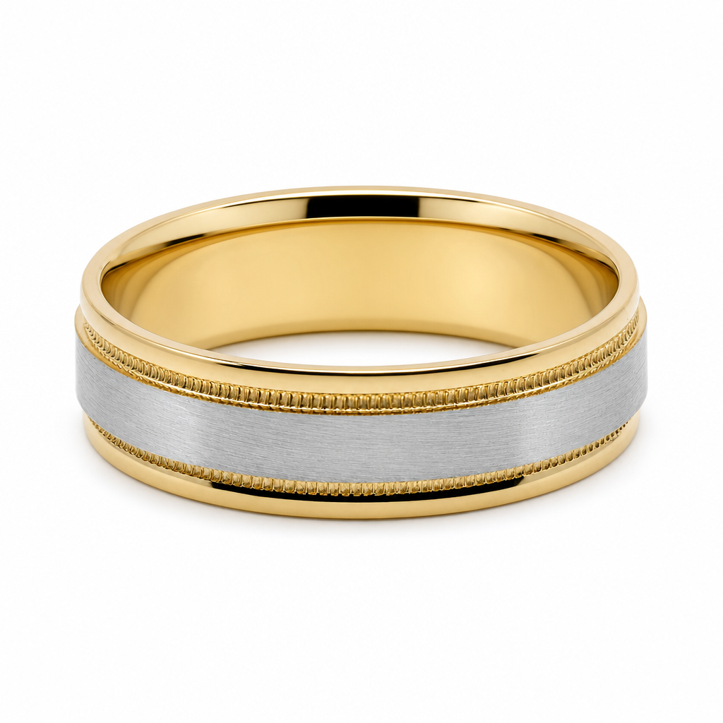 14K Yellow and White Gold Men's Wedding Band With Design / Size: 10 / Weight: 6 GR / WBEEMWBTT4DS-2