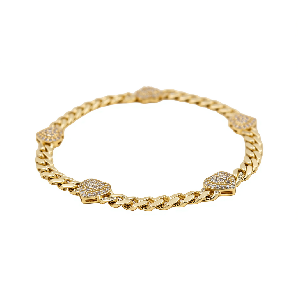 10K Yellow Gold Monaco Women's Bracelet with Hearts and White Cz / Size: 7.5” / Weight: 7.6 GR / P18B-13