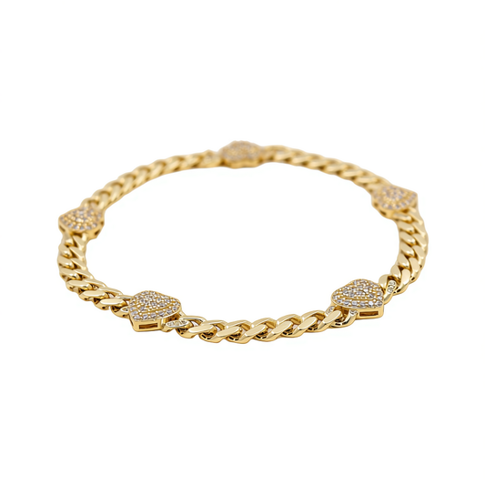 10K Yellow Gold Monaco Women's Bracelet with Hearts and White Cz / Size: 7.5” / Weight: 7.6 GR / P18B-13