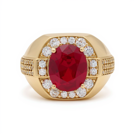 14K Yellow Gold Fashion Men's Ring with Red and White Stones / Size: 10 / Weight: 7.5 GR / BOMR4FS-45
