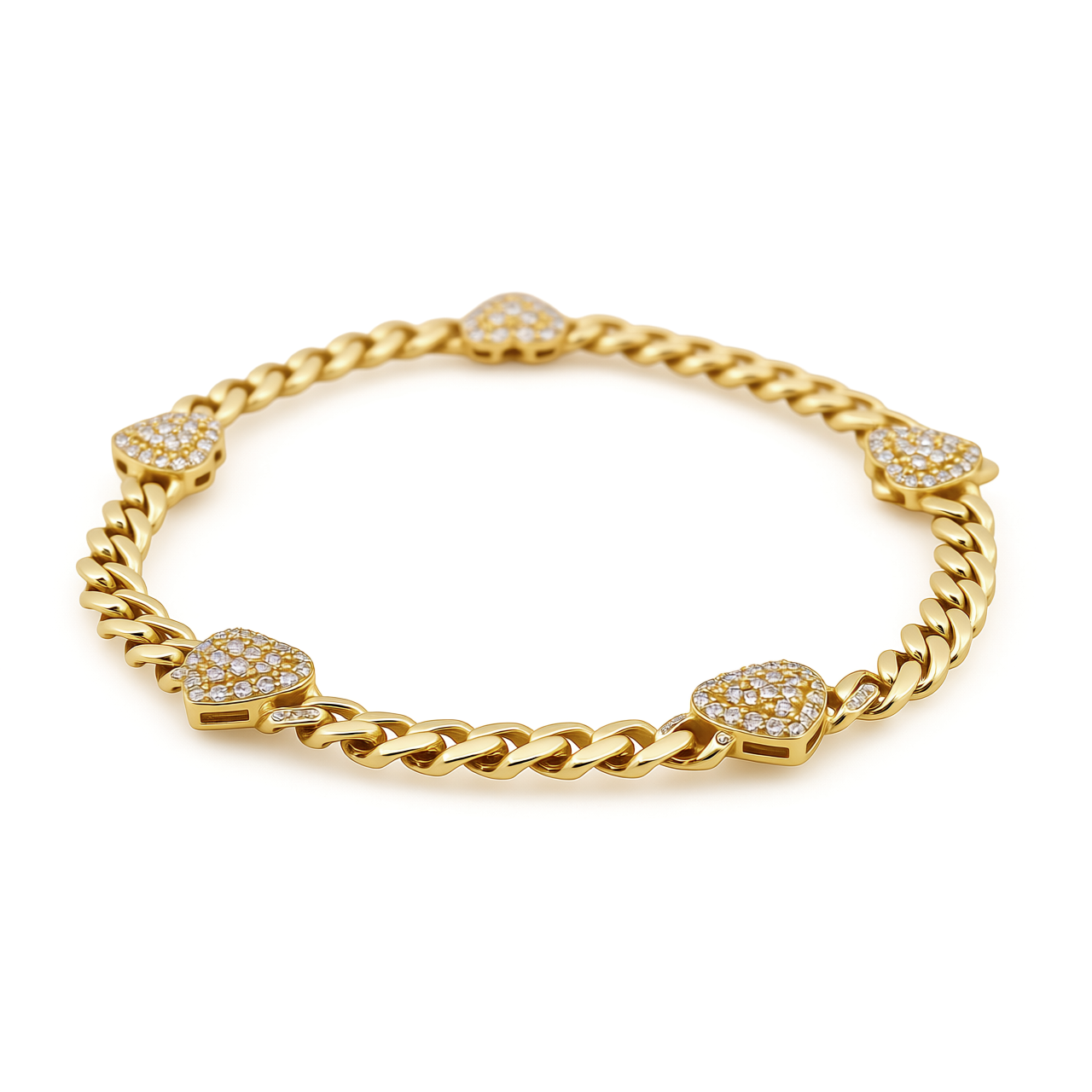 10K Yellow Gold Monaco Women's Bracelet with Hearts and White Cz / Size: 7.5” / Weight: 6.4 GR / P18B-57M9